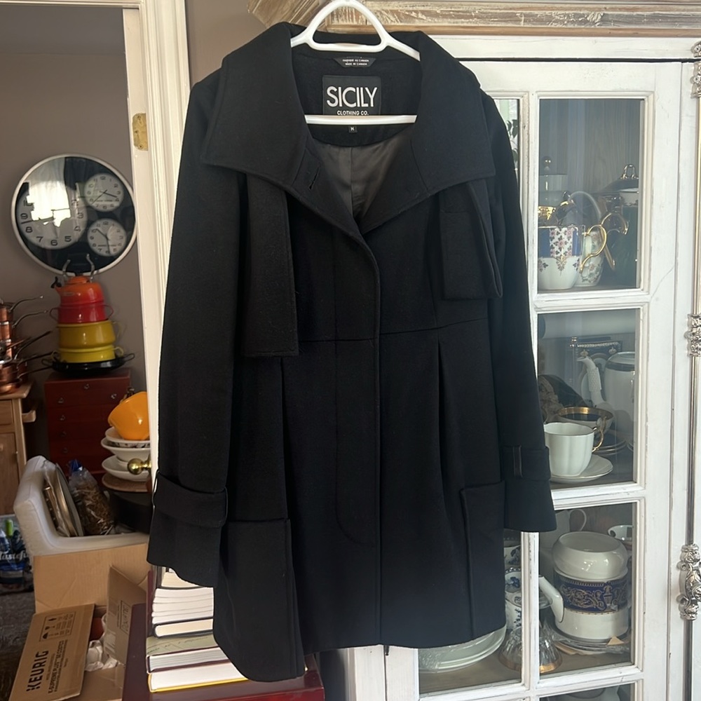 SICILY Black Cashmere Virgin Wool Blend Coat, M